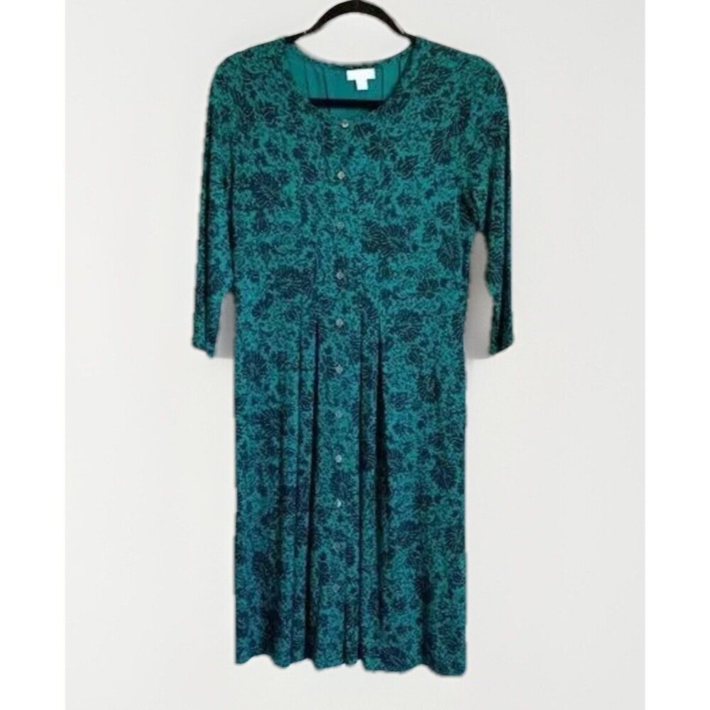 J. Jill Women Green Blue Floral Button Down Midi Dress XS 3/4 Sleeve Cottagecore